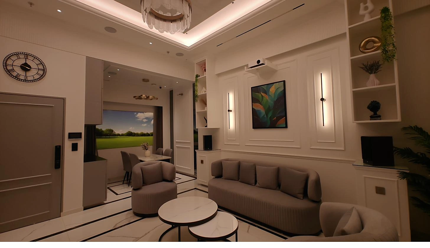 The lounge at the Experience Centre lit for the evening