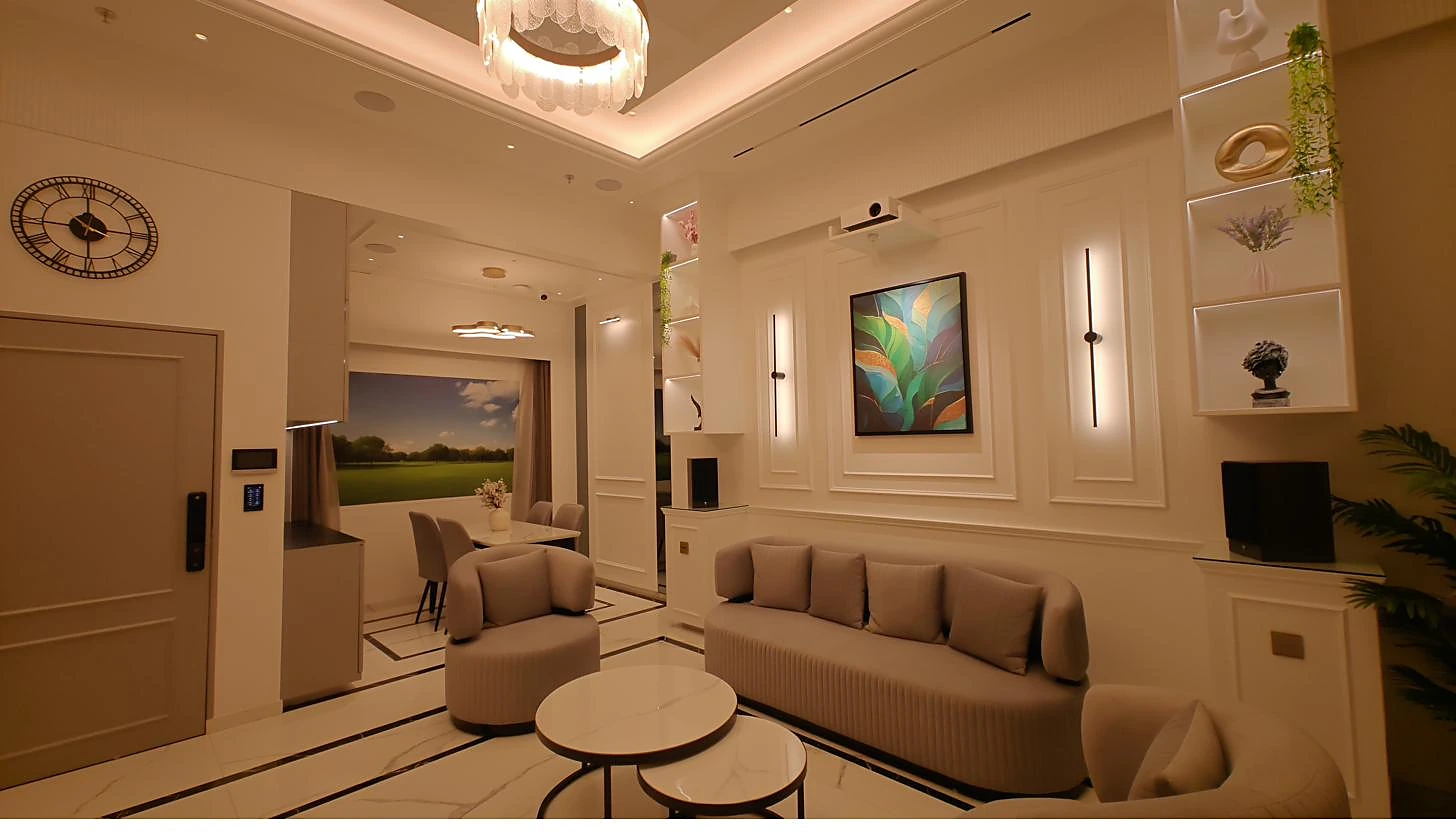 Lounge and dining area with projection screen visible